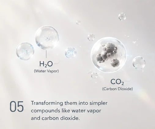 VOCs transformed into water vapor (H2O) and carbon dioxide (CO2) — Step 5