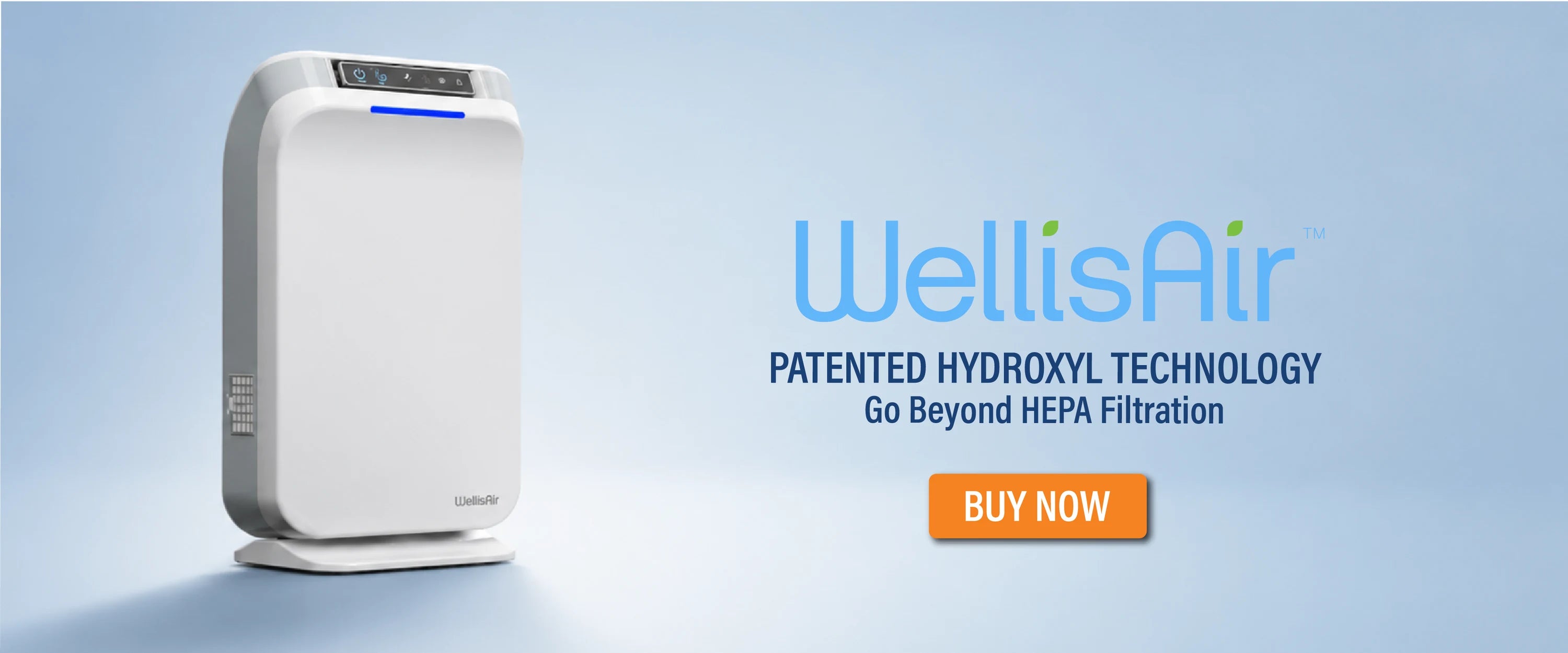 A WellisAir purifier against a soft blue background