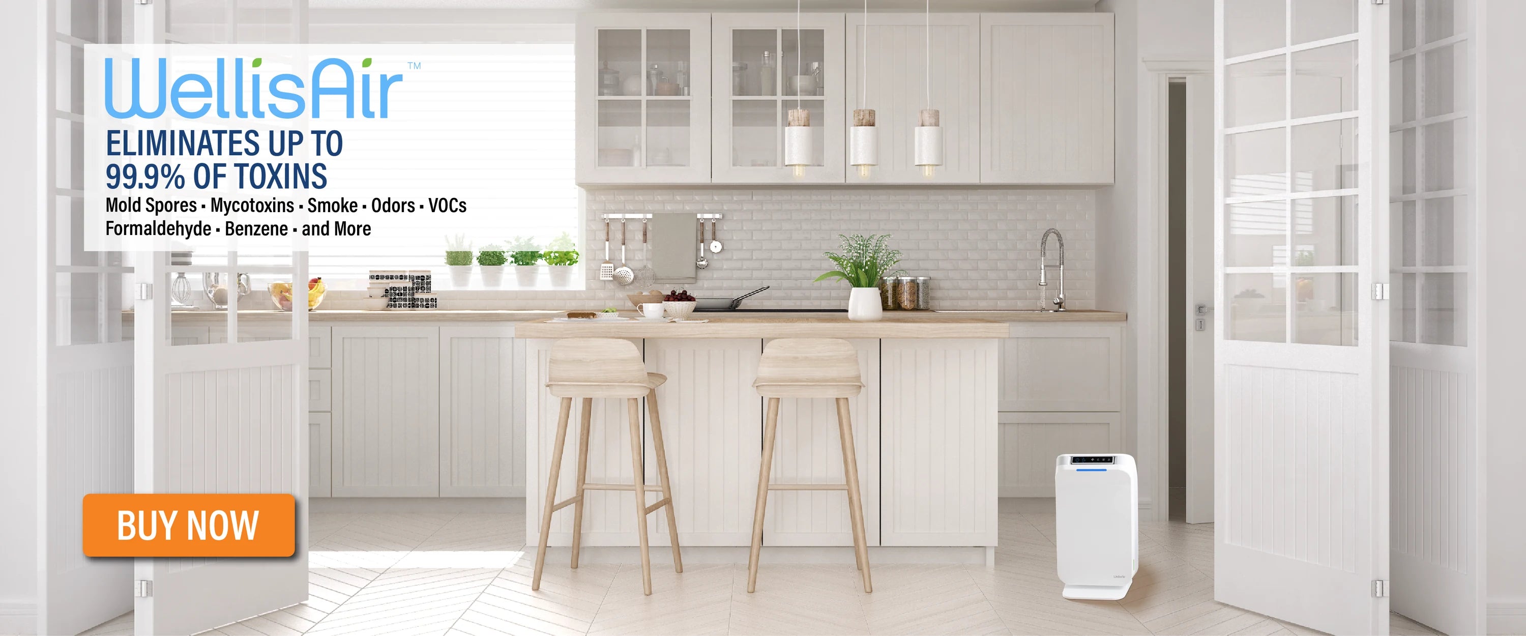 A WellisAir unit in a bright white kitchen