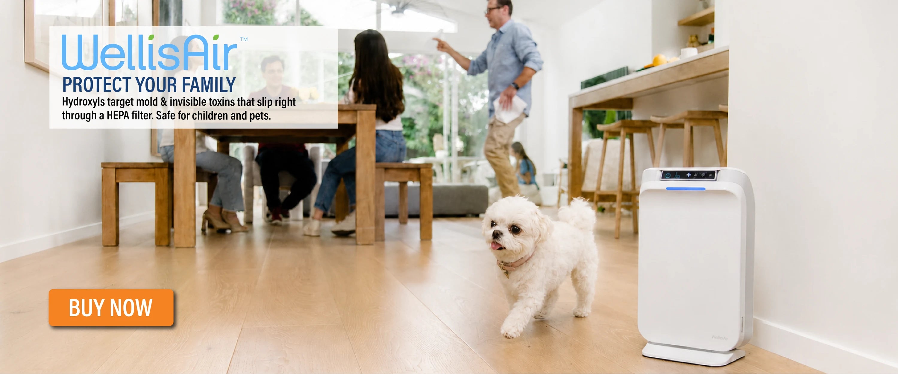 A family at the kitchen table with their dog and a WellisAir unit nearby